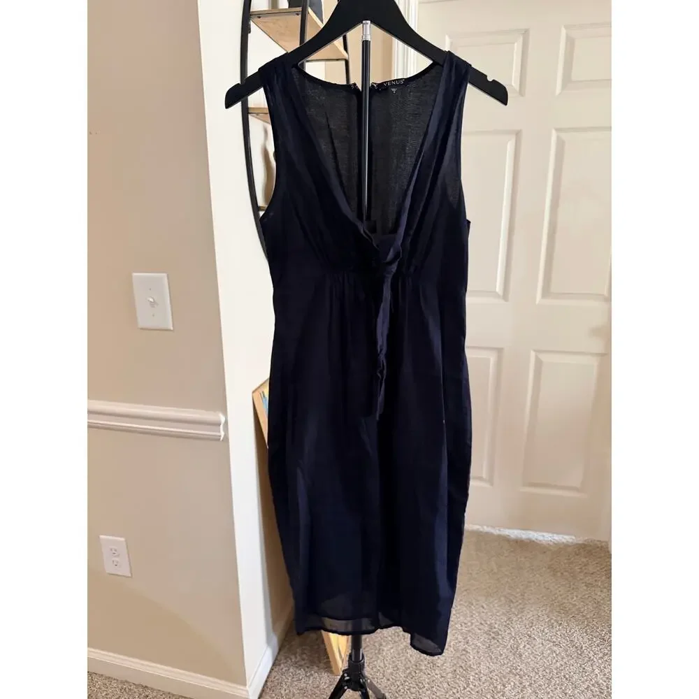 Venus 100% Cotton Black Plunge Neck Dress EUC 2